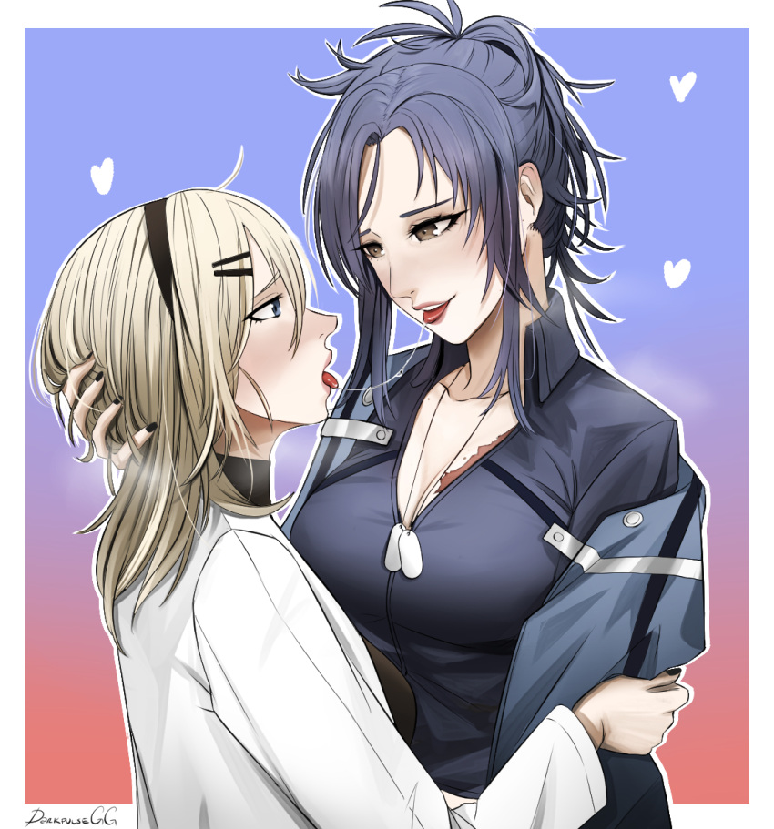 2girls angelia_(girls'_frontline) artist_name bangs black_hairband black_nails black_shirt blonde_hair blue_eyes blue_hair blue_shirt blush breasts brown_eyes collarbone commission darkpulsegg english_commentary eyebrows_visible_through_hair french_kiss girls'_frontline hair_ornament hairband hairclip hand_on_own_head heart heart_print highres hug hug_from_behind jewelry kiss lips long_hair looking_at_another medallion medium_breasts multiple_girls nail_polish necklace open_mouth parted_lips saliva saliva_trail scar_on_breasts shaw_(girls'_frontline) shirt simple_background smile teeth tongue tongue_out turtleneck upper_body upper_teeth white_robe yuri