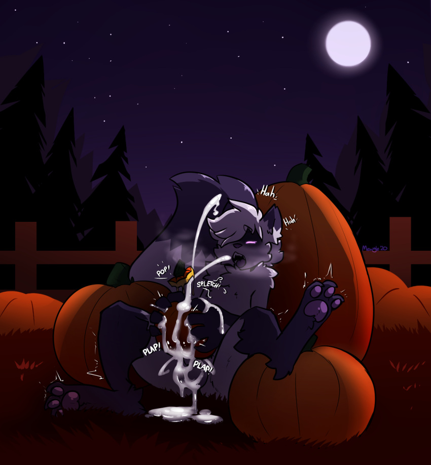 animal_humanoid anthro balls black_body black_fur bodily_fluids canid canid_humanoid canine canine_humanoid cum cum_in_pumpkin cum_on_balls cum_on_ground cumshot dust_(mewgle) ejaculation excessive_cum eyes_closed fence food fox fox_humanoid fruit fur genital_fluids genitals grass grey_body grey_fur hi_res humanoid male mammal mammal_humanoid mewgle moon night onomatopoeia open_mouth pawpads penis plant pumpkin pumpkin_patch solo sound_effects star teeth text tongue tongue_out tree