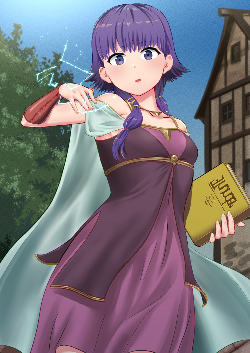 1girl absurdres arm_up bare_shoulders blue_sky book braid collarbone commission dress electricity electrokinesis eyebrows_visible_through_hair fire_emblem fire_emblem:_the_sacred_stones highres holding holding_book house kekeshi_mitsuru lightning looking_at_viewer lute_(fire_emblem) medium_hair open_mouth purple_eyes purple_hair skeb_commission sky sleeveless sleeveless_dress solo tree twin_braids twintails