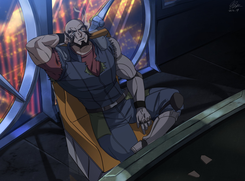 1boy bald bara beard belt black_hair brk_603 cigarette commentary_request cowboy_bebop facial_hair highres jet_black male_focus mature_male muscular muscular_male red_shirt scar shirt smoking solo wristband