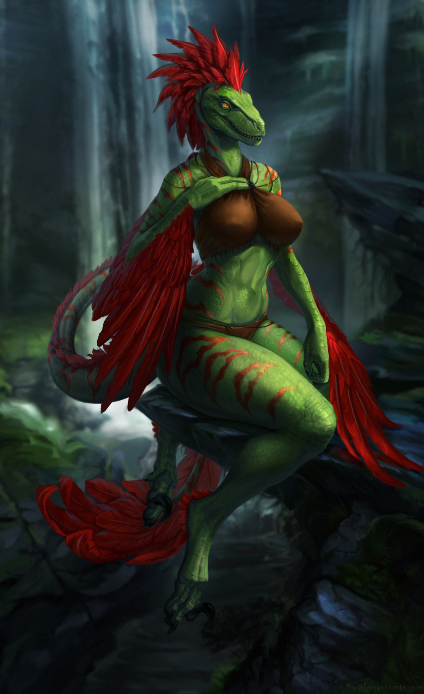2022 absurd_res anthro breasts claws clothed clothing day detailed_background digital_media_(artwork) dinosaur dromaeosaurid feathers feet female fingers hi_res outside red_body red_feathers reptile scalie silgiriya_mantsugosi smile theropod toes