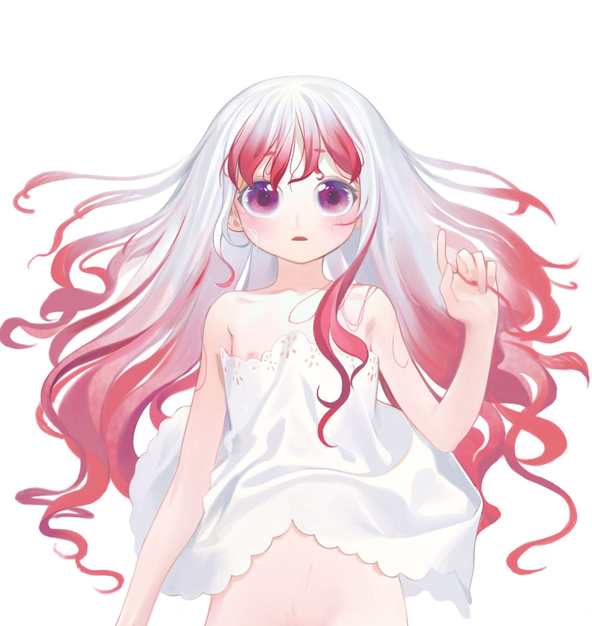 1girl bare_shoulders blush clothes_lift dress dress_lift flat_chest gradient_hair hand_in_own_hair highres kaede_(shijie_heping) long_hair looking_at_viewer lying multicolored_hair navel nipple_slip nipples on_back original parted_lips purple_eyes red_hair short_eyebrows simple_background sleeveless sleeveless_dress solo two-tone_hair upper_body wavy_hair white_background white_dress white_hair