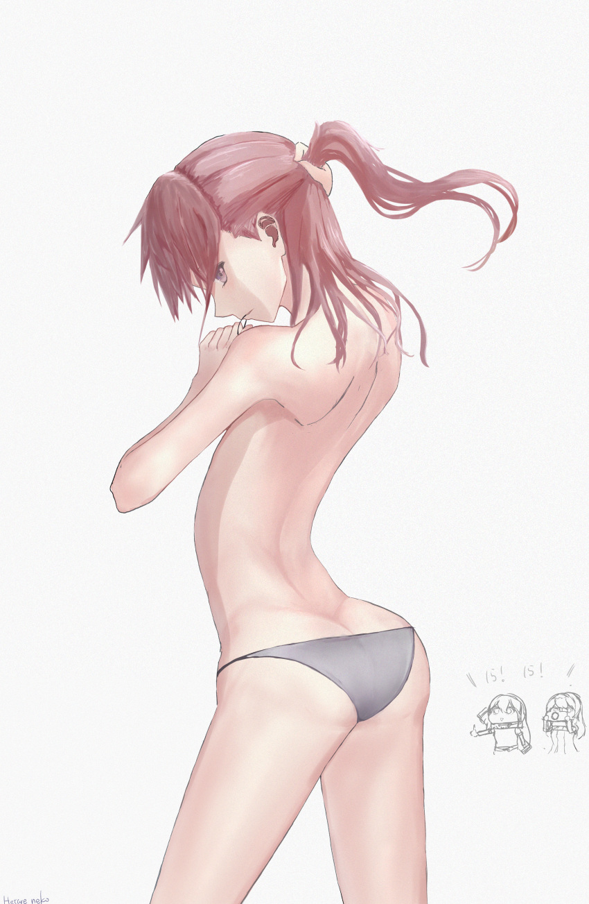 1girl absurdres ass back bangs bare_back bare_shoulders closed_mouth eyebrows_visible_through_hair feet_out_of_frame girls'_frontline grey_panties hand_in_own_hair hetare_galm_sue highres long_hair looking_at_viewer looking_to_the_side panties pink_hair ponytail purple_eyes solo st_ar-15_(girls'_frontline) standing underwear white_background