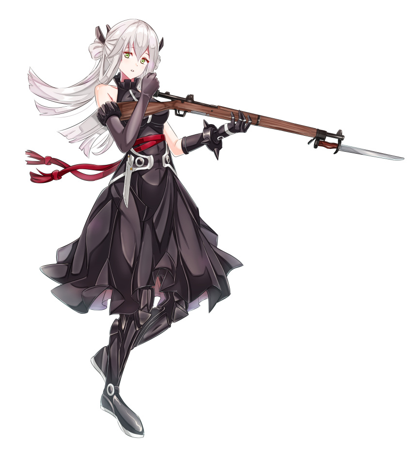 1girl :o absurdres alternate_costume alternate_hair_color bangs battle_rifle bayonet black_dress black_gloves breasts dress elbow_gloves eyebrows_visible_through_hair full_body girls'_frontline gloves green_eyes gun hair_ornament highres holding holding_gun holding_weapon long_hair looking_at_viewer m1903_springfield mechanical_legs medium_breasts mutugorou_u open_mouth rifle sangvis_ferri silver_hair solo springfield_(girls'_frontline) standing weapon white_background