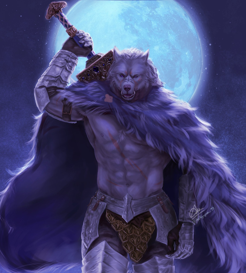 abs anthro armor blaidd_(elden_ring) canid canine canis cloak cloak_only clothed clothing elden_ring fromsoftware greatsword hi_res hinnab male mammal melee_weapon moon muscular muscular_male navel nipples pecs pinup pose scar shirtless solo sword topless video_games weapon wolf