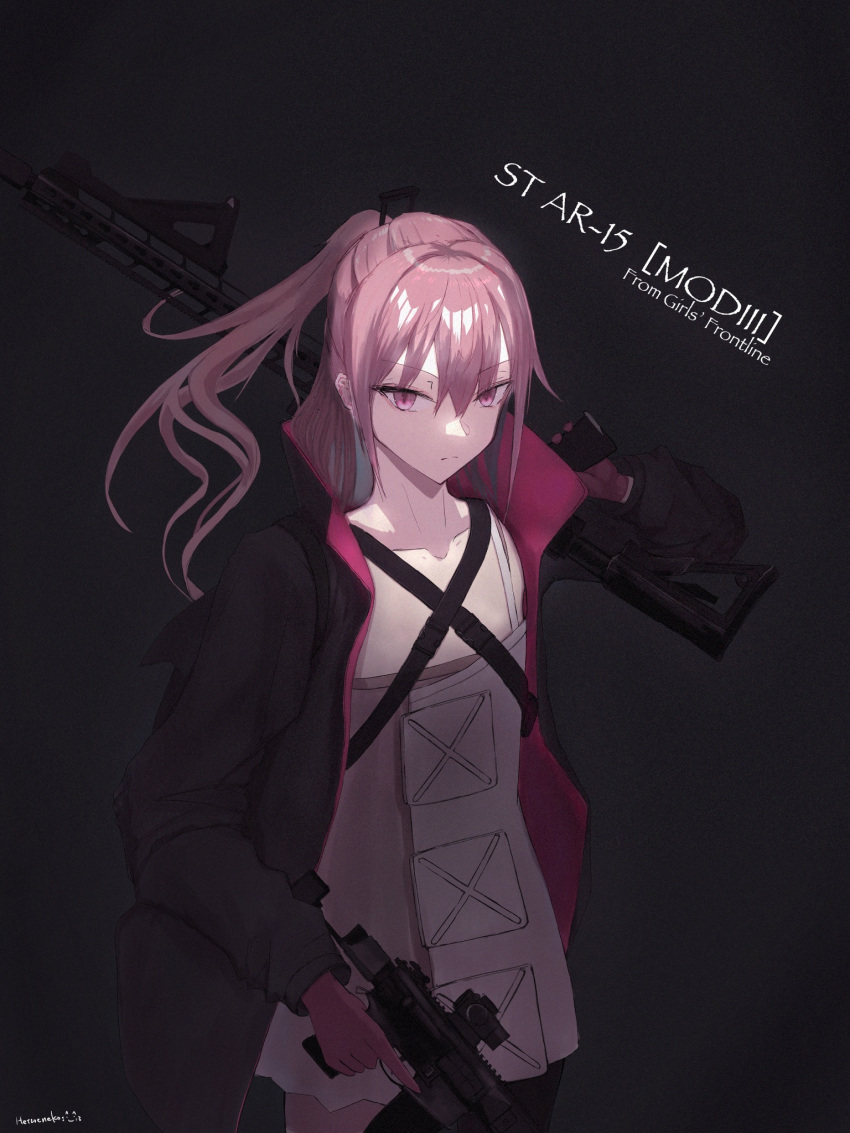 1girl ar-15 artist_name bangs black_background black_jacket breasts character_name closed_mouth copyright_name dress eyebrows_visible_through_hair girls'_frontline gloves gun harness hetare_galm_sue highres holding holding_gun holding_weapon jacket long_hair looking_at_viewer mod3_(girls'_frontline) open_clothes open_jacket over_shoulder pink_gloves pink_hair ponytail purple_eyes rifle serious small_breasts solo st_ar-15_(girls'_frontline) standing weapon weapon_over_shoulder white_dress