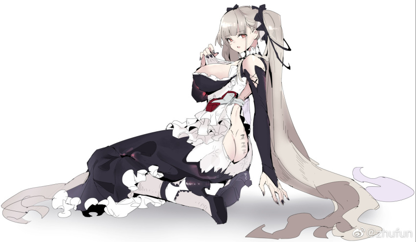 azur_lane breasts formidable_(azur_lane) high_heels highres large_breasts looking_at_viewer lying maid on_side ribbon silver_hair sitting torn_clothes twintails weibo_id zhu_fun
