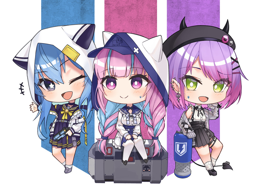 3girls apex_legends b3_wingman baseball_cap beret black_headwear black_skirt blue_eyes blue_hair blue_headwear blue_serafuku braid breasts bright_pupils chibi collared_shirt death_box_(apex_legends) eyebrows_visible_through_hair green_eyes grey_sweater gun hair_behind_ear handgun hat high-waist_skirt holding holding_gun holding_weapon hololive hood hood_up hoshimachi_suisei jacket medium_breasts minato_aqua multicolored_hair multiple_girls off_shoulder one_eye_closed purple_eyes purple_hair revolver ribbon school_uniform serafuku shirt short_hair skirt sleeveless sleeveless_shirt smile star-shaped_pupils star_(symbol) streaked_hair sweatdrop sweater symbol-shaped_pupils tokoyami_towa twin_braids virtual_youtuber weapon white_jacket white_pupils white_shirt yellow_ribbon z.m._(school913102)