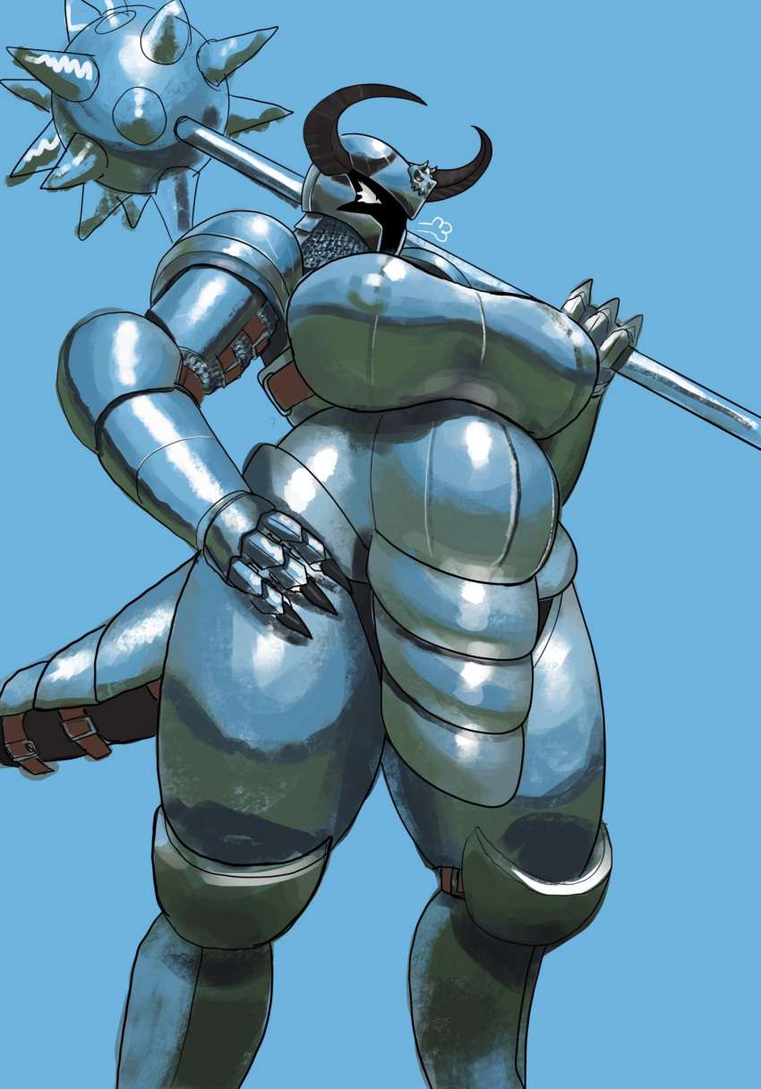 3_fingers animal_humanoid anthro armor big_breasts bodily_fluids breasts chainmail dragon dragon_humanoid female fingers genital_fluids genitals hi_res horn huge_breasts humanoid im51nn5 mace melee_weapon plate_armor pussy pussy_juice slightly_chubby solo thick_thighs weapon wide_hips