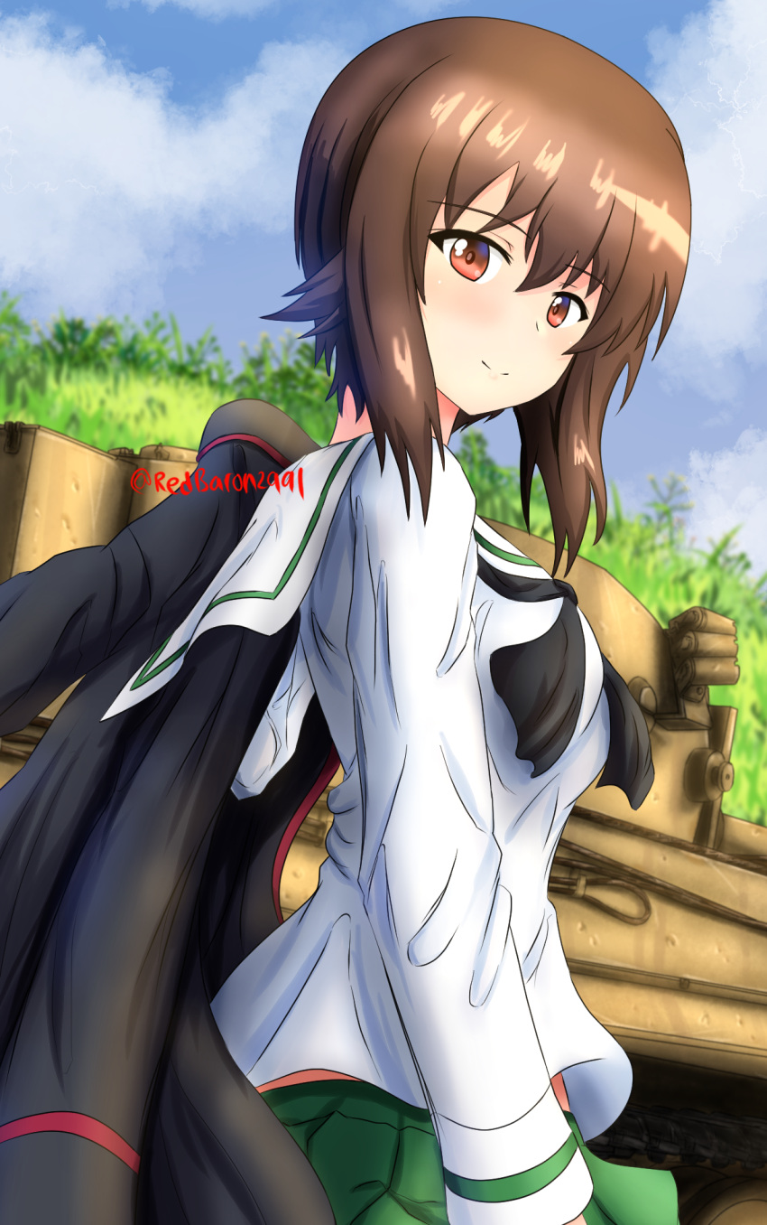 1girl alternate_costume bangs black_jacket black_neckerchief blouse blue_sky blurry blurry_background brown_eyes brown_hair closed_mouth cloud cloudy_sky commentary day depth_of_field dutch_angle eyebrows_visible_through_hair girls_und_panzer green_skirt ground_vehicle highres holding holding_clothes holding_jacket jacket jacket_over_shoulder jacket_removed kuromorimine_military_uniform long_sleeves looking_at_viewer looking_back military military_vehicle miniskirt motor_vehicle neckerchief nishizumi_maho ooarai_school_uniform outdoors pleated_skirt redbaron sailor_collar school_uniform serafuku short_hair skirt sky smile solo standing tank tiger_i twitter_username white_blouse white_sailor_collar