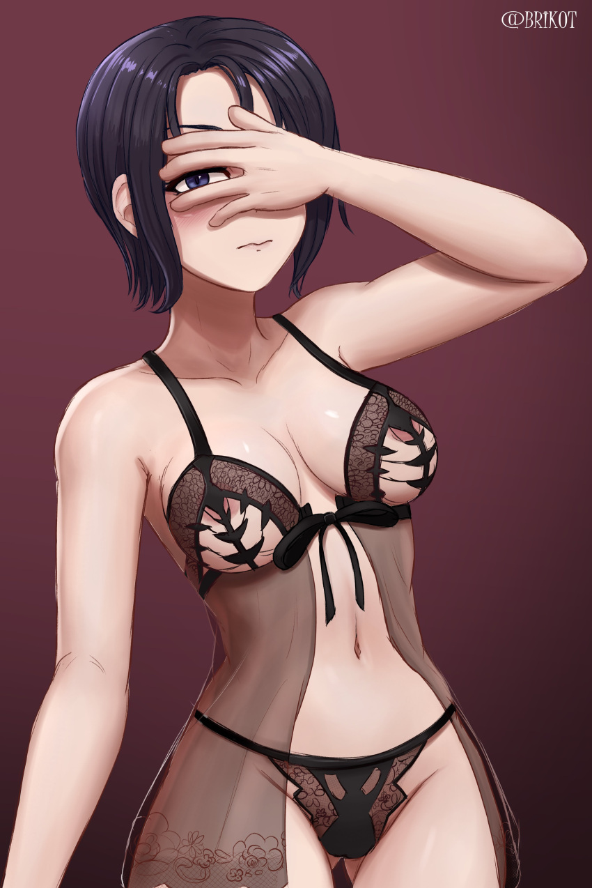 1girl absurdres bare_shoulders black_hair black_panties blush bra breasts brikot cleavage commission commissioner_upload creidne_(fire_emblem) embarrassed fire_emblem fire_emblem:_genealogy_of_the_holy_war hand_on_own_face highres lace lingerie looking_at_viewer navel panties peeking_through_fingers see-through short_hair simple_background solo underwear wavy_mouth