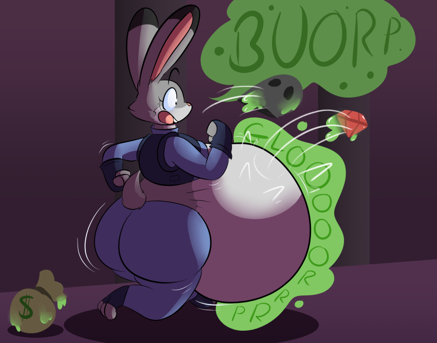 after_vore anthro belly big_belly big_butt burp_cloud burping burping_up_clothes burping_up_objects butt butt_jiggle disney female female_pred hi_res huge_butt jiggling judy_hopps midriff money_bag motion_lines multiple_prey rumbling_stomach solo the_hookaloof toony vore zootopia