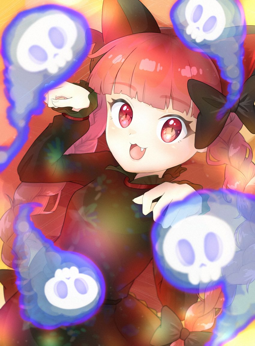 1girl :3 :d animal_ears bangs blue_fire blunt_bangs blush bow braid cat_ears dress eyebrows_visible_through_hair fang fire flaming_skull floating_skull green_dress hair_bow highres hitodama kaenbyou_rin kawa_hagi long_hair long_sleeves looking_at_viewer open_mouth paw_pose red_eyes red_hair skull smile solo touhou twin_braids very_long_hair