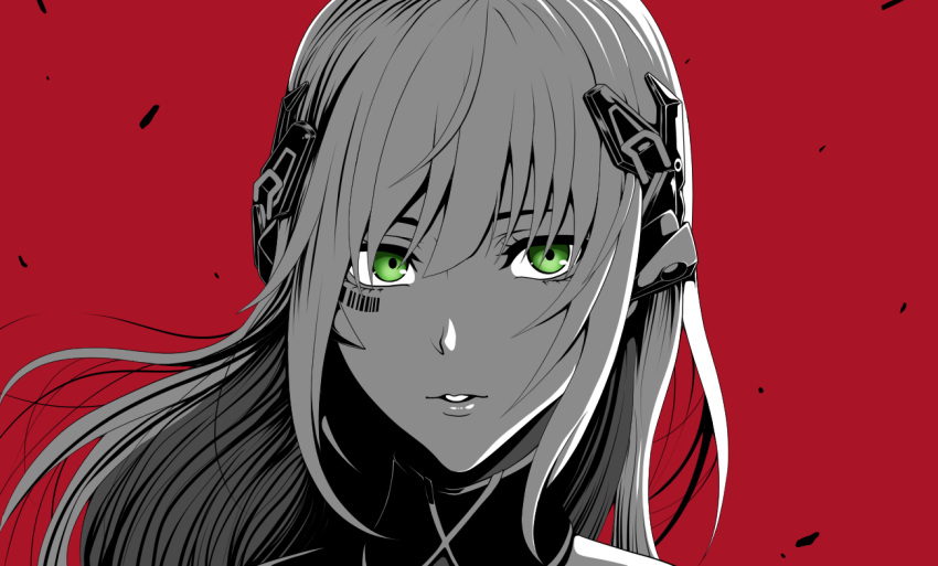 1girl bangs barcode barcode_tattoo eyebrows_visible_through_hair facial_mark facial_tattoo gager_(girls'_frontline) girls'_frontline green_eyes hair_ornament hairclip long_hair looking_at_viewer open_mouth ouga_(user_ctzw2237) parted_lips red_background sangvis_ferri silver_hair solo tattoo upper_body