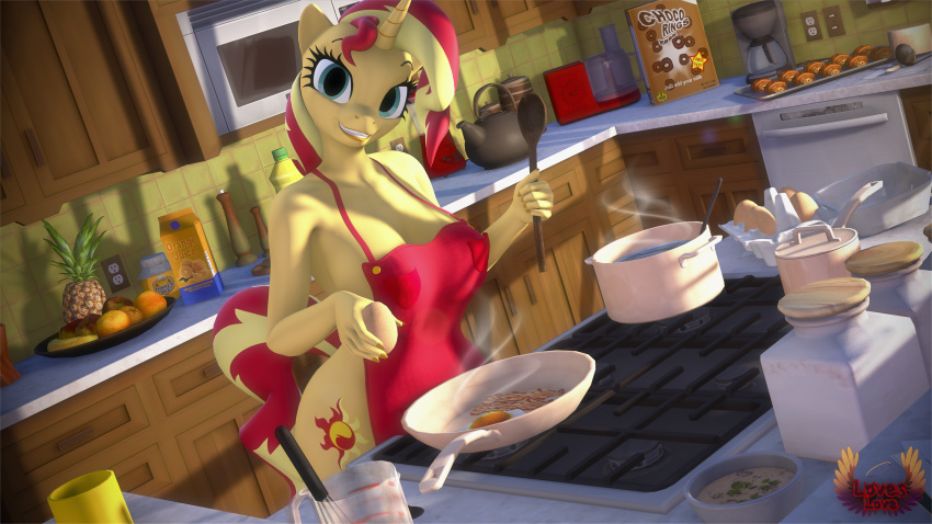 3d_(artwork) absurd_res anthro anthrofied apron apron_only blonde_hair blue_eyes clothing cooking_pot cookware cutie_mark digital_media_(artwork) equestria_girls equid equine food fruit frying_pan fur hair hasbro hi_res horn kitchen kitchen_utensils looking_at_viewer loveslove mammal mostly_nude multicolored_hair my_little_pony orange_(fruit) pineapple plant red_hair solo sunset_shimmer_(eg) tools two_tone_hair unicorn yellow_body yellow_fur