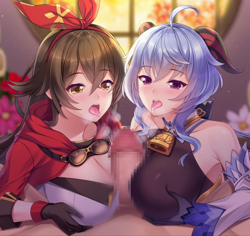 2girls ahoge amber_(genshin_impact) bangs bare_shoulders bell black_gloves blue_gloves blue_hair blurry blush bow breast_squeeze breasts brown_hair censored cleavage cleavage_cutout clothing_cutout depth_of_field detached_sleeves eyebrows_visible_through_hair flower ganyu_(genshin_impact) genshin_impact gloves goggles highres horns indoors large_breasts long_hair looking_at_another mosaic_censoring multiple_girls multiple_paizuri neck_bell nose_blush open_mouth paizuri penis pov purple_eyes red_flower reward_available saliva saliva_trail sidelocks tongue tongue_out tsukimi_kirara upper_body white_flower white_sleeves window