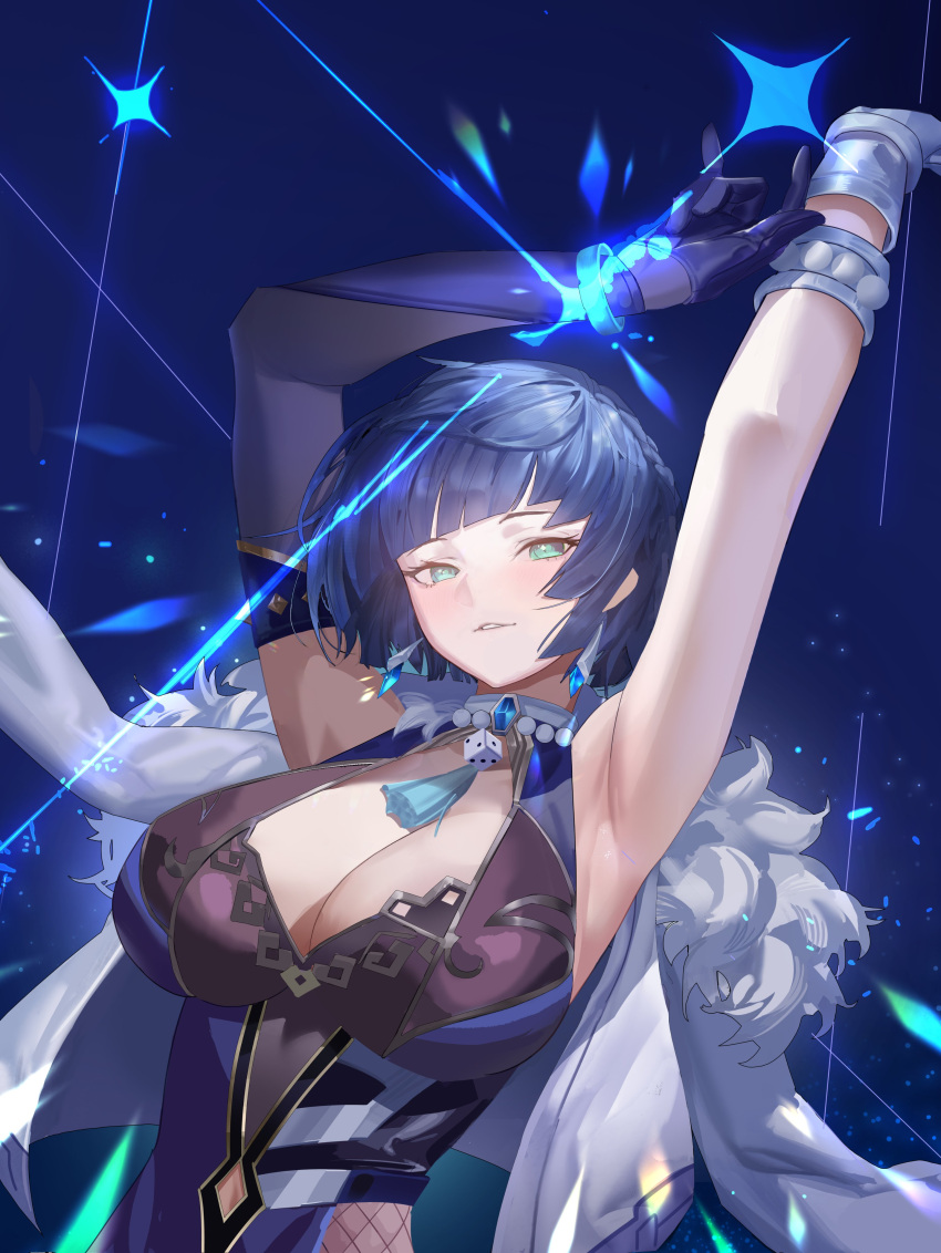 1girl 1s44c absurdres aqua_eyes armpits arms_up asymmetrical_clothes asymmetrical_gloves bangs blush bracelet breasts cleavage coat coat_on_shoulders commentary_request dress earrings fur_trim genshin_impact gloves highres jewelry large_breasts looking_at_viewer multicolored_hair parted_lips shiny shiny_hair short_hair simple_background sleeveless sleeveless_dress smile solo two-tone_hair yelan_(genshin_impact)