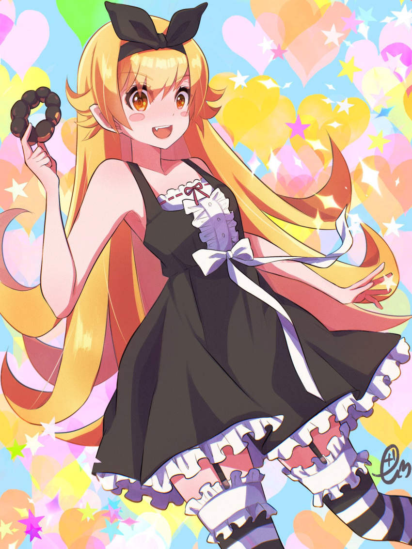 1girl anotherplus bakemonogatari bangs bare_shoulders black_dress blonde_hair blush_stickers bow doughnut dress food frills garter_straps heart highres holding holding_food long_hair looking_at_viewer monogatari_(series) oshino_shinobu pon_de_ring smile striped striped_legwear yellow_eyes