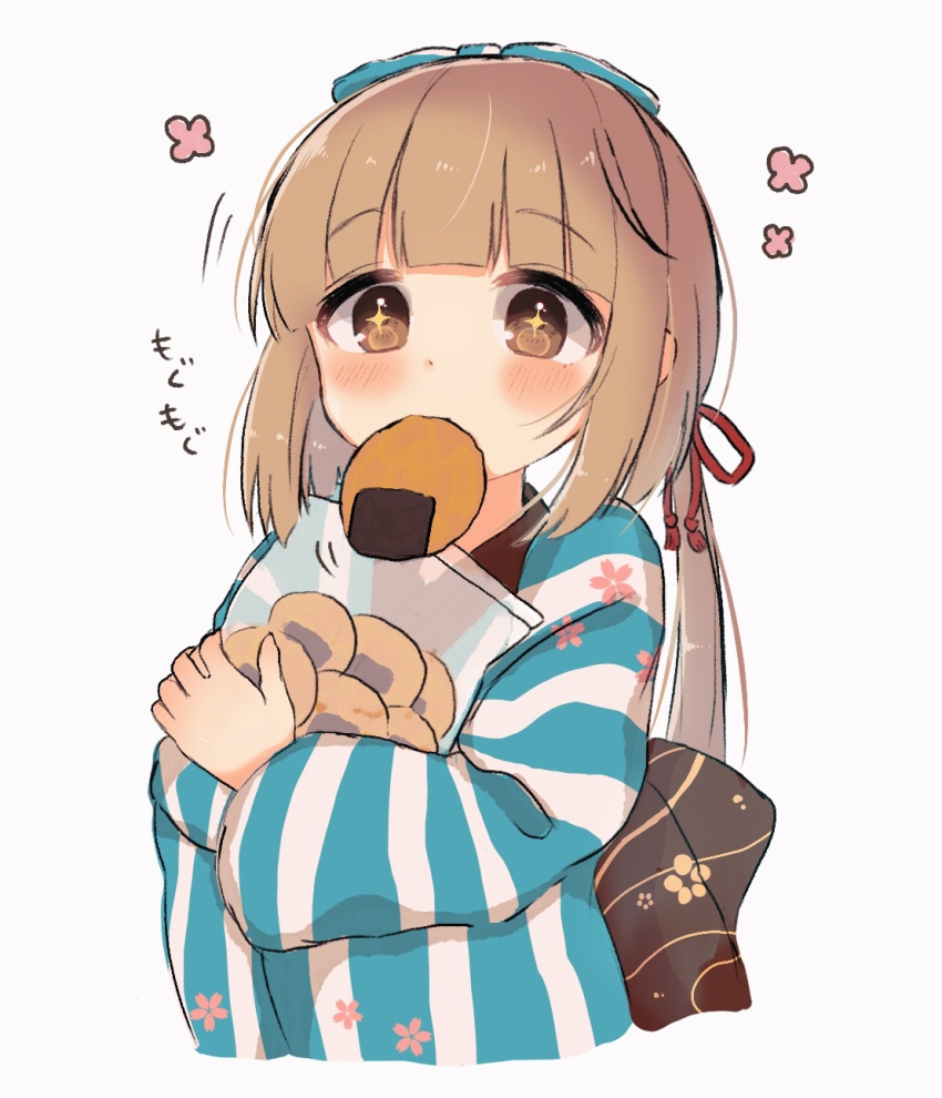 +_+ 1girl bangs blunt_bangs blush bow brown_hair cropped_torso eyebrows_visible_through_hair floral_print food hair_bow highres holding holding_food idolmaster idolmaster_cinderella_girls japanese_clothes kimono looking_afar mouth_hold object_hug ogakororomi ponytail senbei simple_background solo striped striped_kimono two-tone_kimono upper_body white_background yorita_yoshino