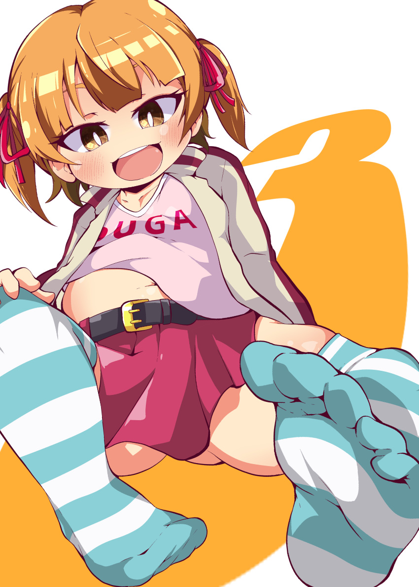 1girl absurdres bangs belt belt_buckle blue_legwear blunt_bangs blush brown_eyes buckle collarbone commentary_request hair_ribbon head_tilt highres light_brown_hair long_sleeves looking_at_viewer marui_mitsuba medium_hair mitsudomoe navel no_shoes open_mouth pink_shirt red_ribbon red_skirt ribbon shinsou_komachi shirt sitting skirt solo striped striped_legwear thick_thighs thighhighs thighs tsurime two_side_up white_background white_legwear