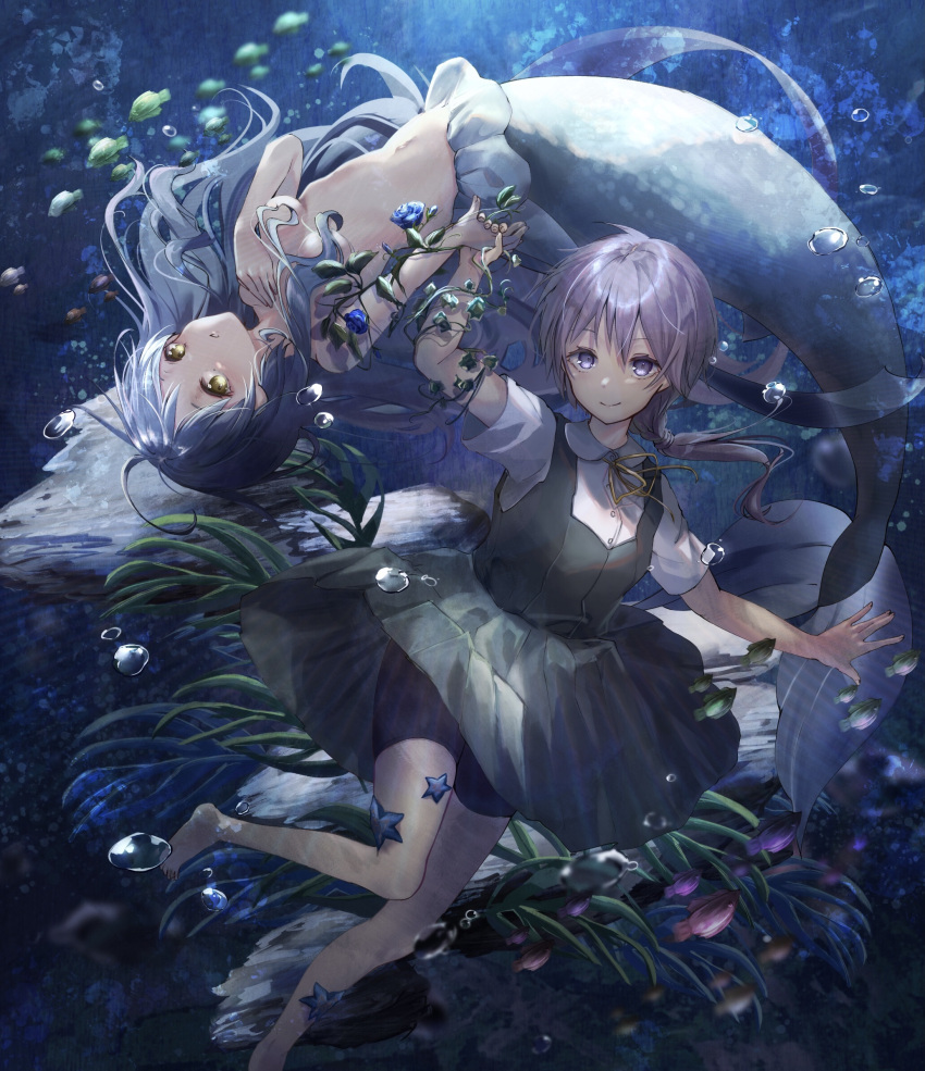 2girls ahoge air_bubble bangs blue_flower blue_hair blue_rose brown_eyes bubble cago032 closed_mouth clothed_female_nude_female commentary_request covering covering_breasts eyebrows_visible_through_hair fish flower green_skirt hair_censor hair_over_breasts highres long_hair long_skirt looking_at_viewer mermaid monster_girl multiple_girls nude original pantyhose purple_eyes rose shirt short_hair skirt smile swimming underwater white_shirt