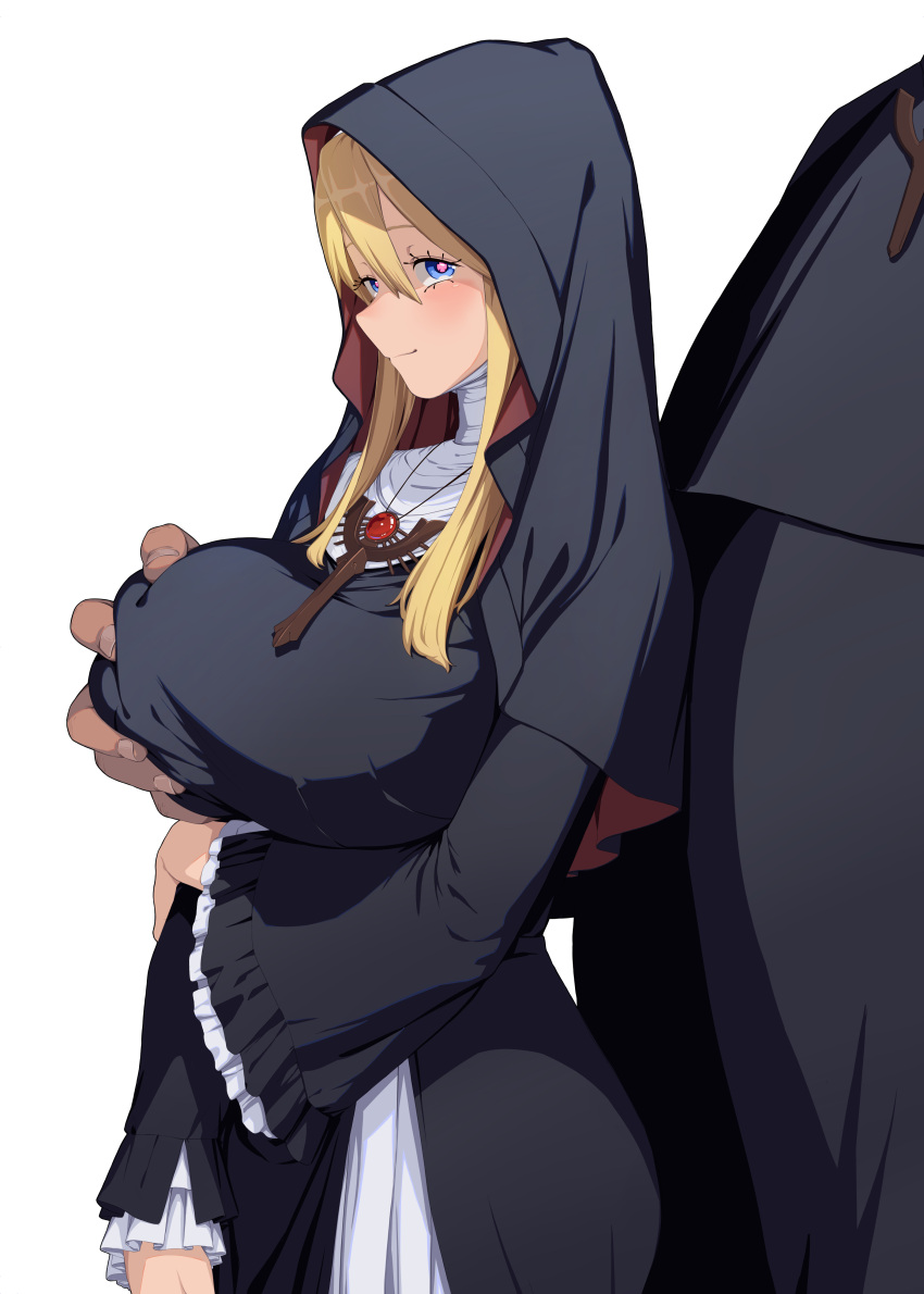 1girl absurdres blonde_hair blue_eyes blush breast_grab breasts grabbing grabbing_from_behind habit highres hood large_breasts long_hair nun original pastime774 simple_background solo_focus symbol-shaped_pupils white_background
