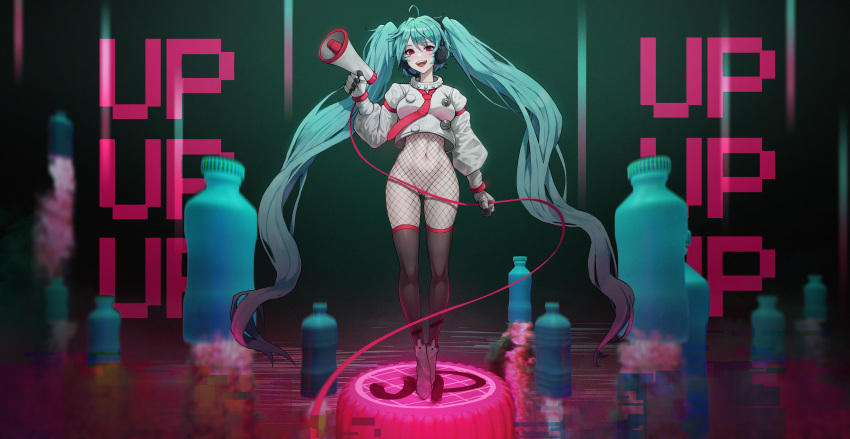 1girl :d absurdres ahoge ankle_boots aqua_hair ass_visible_through_thighs bangs black_legwear bodysuit boots bottle breasts cable convenient_censoring crop_top eyebrows_visible_through_hair fishnet_bodysuit fishnets full_body gloves gradient gradient_background green_background hatsune_miku headphones highres holding large_breasts long_hair long_sleeves looking_at_viewer matmaj megaphone navel open_mouth pussy pussy_peek red_eyes sharp_teeth smile solo standing stomach teeth thighhighs twintails upper_teeth very_long_hair vocaloid white_footwear white_gloves