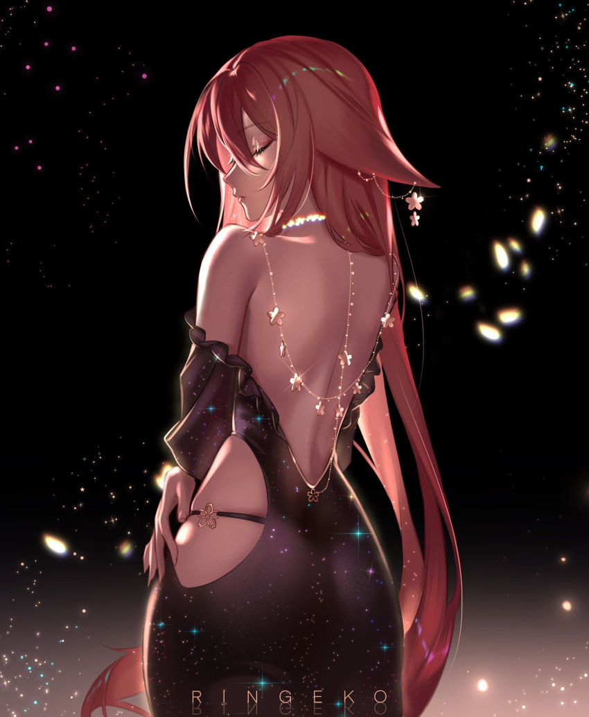 1girl animal_ears artist_name ass backless_dress backless_outfit bangs bare_back bare_shoulders black_background black_dress chain closed_eyes closed_mouth clothing_cutout cowboy_shot dress earrings eyelashes facing_to_the_side flower_earrings fox_ears frilled_dress frills from_behind genshin_impact glint glowing_petals hair_between_eyes highres jewelry light_particles linked_piercing lips long_hair necklace off-shoulder_dress off_shoulder panty_straps petals piercing pink_hair profile ringeko-chan self_hug side_cutout skindentation solo very_long_hair yae_miko