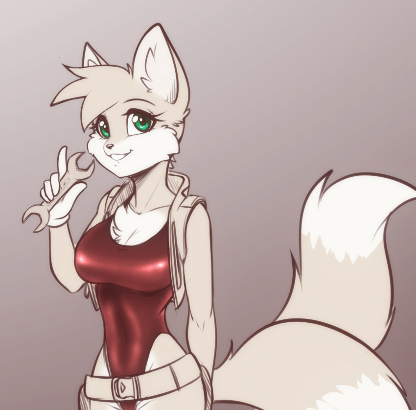 2022 2_tails anthro belt breasts canid canine chest_tuft clothing crossgender dipstick_tail eyebrows eyelashes female fox glistening glistening_clothing gloves green_eyes handwear hi_res holding_object holding_tool holding_wrench inner_ear_fluff looking_at_viewer mammal markings miles_prower mtf_crossgender multi_tail one-piece_swimsuit scorpdk sega smile smiling_at_viewer solo sonic_the_hedgehog_(series) swimwear tail_markings tools topwear tuft vest wrench