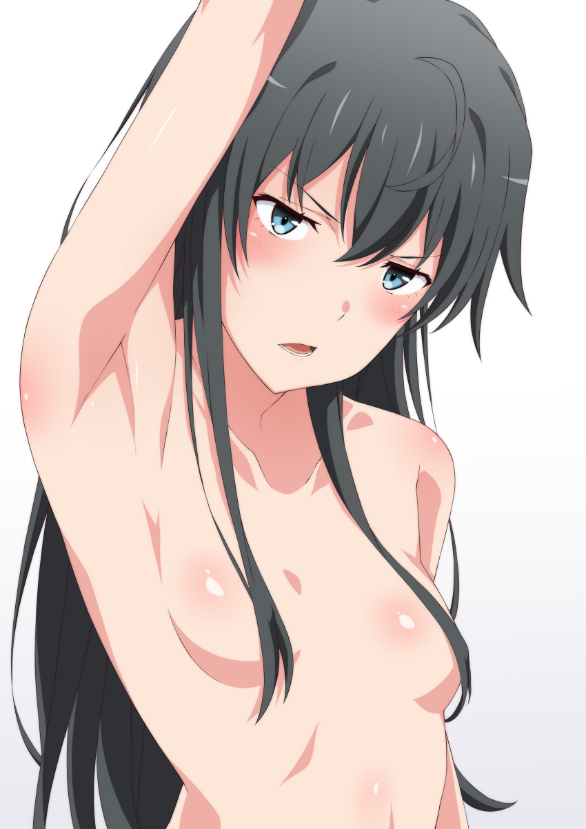 1girl absurdres armpits arms_up black_hair blue_eyes blush breasts collarbone completely_nude convenient_censoring eyebrows_visible_through_hair hair_censor hair_over_breasts highres long_hair looking_at_viewer nude open_mouth shou937 sidelocks simple_background small_breasts solo upper_body v-shaped_eyebrows white_background yahari_ore_no_seishun_lovecome_wa_machigatteiru. yukinoshita_yukino