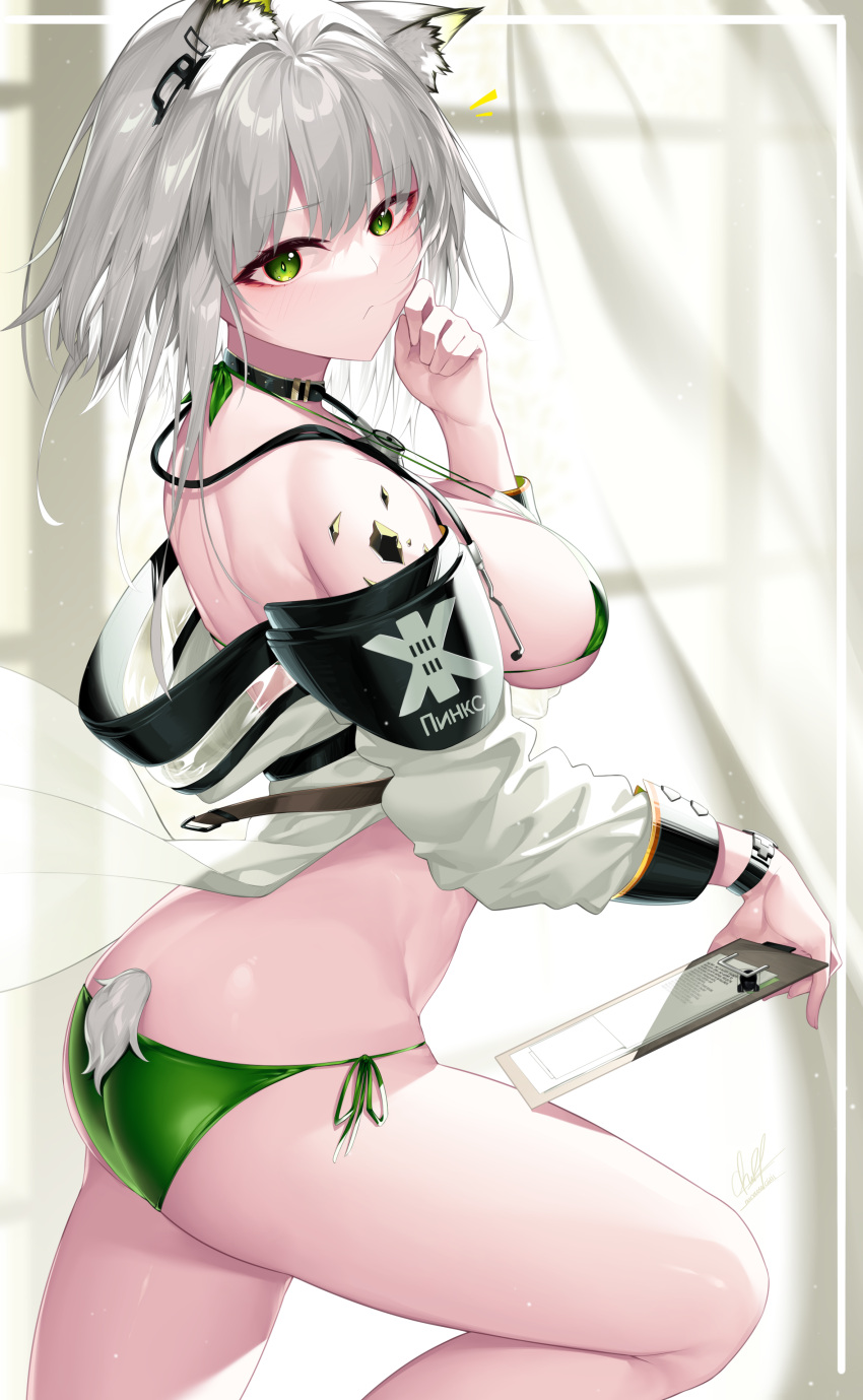 1girl absurdres animal_ear_fluff animal_ears arknights ass bangs bare_shoulders bikini breasts cat_ears clipboard commentary eyebrows_visible_through_hair green_bikini green_eyes hand_up highres indoors izulizuru kal'tsit_(arknights) large_breasts long_sleeves looking_at_viewer off_shoulder oripathy_lesion_(arknights) short_hair side-tie_bikini silver_hair solo stethoscope swimsuit thighs