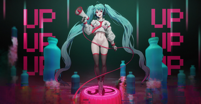 1girl :d absurdres ahoge ankle_boots aqua_hair ass_visible_through_thighs bangs black_legwear boots bottle bottomless breasts cable convenient_censoring crop_top eyebrows_visible_through_hair full_body gloves gradient gradient_background green_background hatsune_miku headphones highres holding large_breasts long_hair long_sleeves looking_at_viewer matmaj megaphone navel open_mouth pussy pussy_peek red_eyes sharp_teeth smile solo standing stomach teeth thighhighs twintails upper_teeth very_long_hair vocaloid white_footwear white_gloves