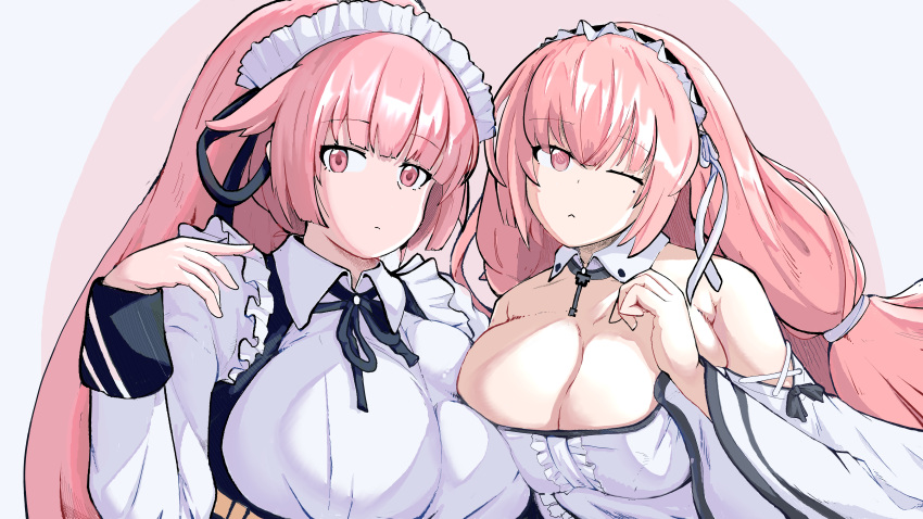 2girls absurdres alternate_costume azur_lane breasts cleavage collar commentary dress english_commentary enmaided eyebrows_visible_through_hair frilled_hairband frills girls'_frontline hairband highres huge_breasts juliet_sleeves large_breasts long_hair long_sleeves look-alike looking_at_viewer maid maid_headdress multiple_girls ntw-20_(girls'_frontline) ntw-20_(the_aristocrat_experience)_(girls'_frontline) official_alternate_costume one_eye_closed perseus_(azur_lane) pink_eyes pink_hair puffy_sleeves saiskh upper_body white_dress