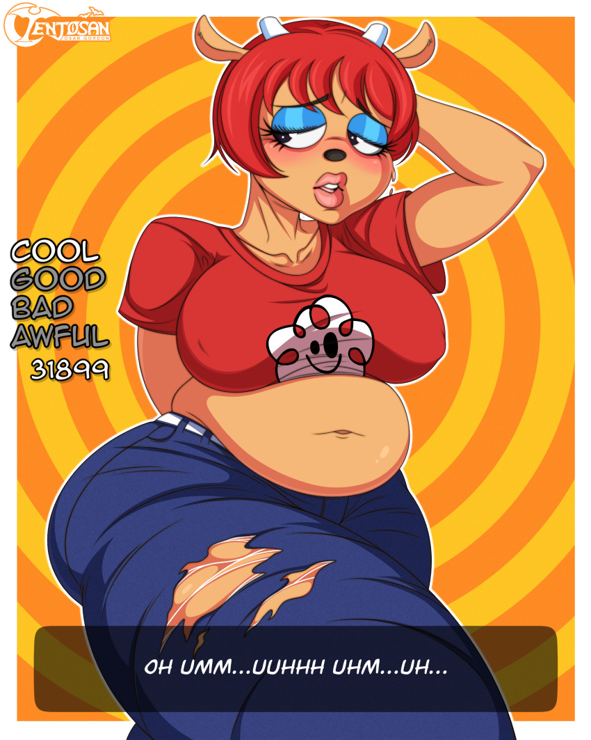 absurd_res anthro belly big_breasts blush bovid braless breasts caprine clothed clothing curvy_figure embarrassed eyeshadow female hair hi_res humanoid lammy_lamb lips makeup mammal parappa_the_rapper raised_clothing raised_shirt raised_topwear red_hair sheep shirt solo sony_corporation sony_interactive_entertainment tenjosan text thick_lips thick_thighs tomboy topwear um_jammer_lammy video_games