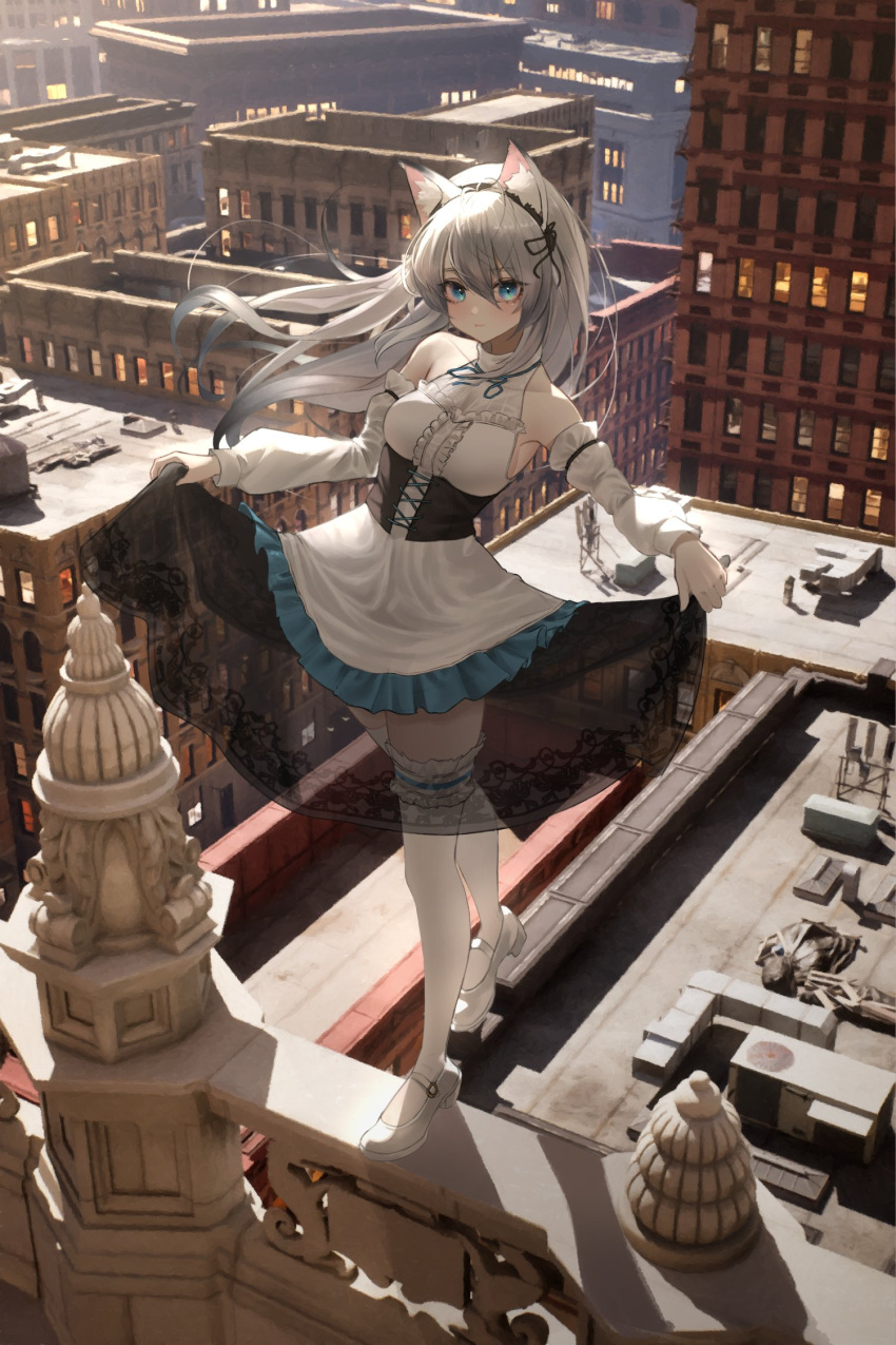 1girl animal_ears balancing bangs bare_shoulders black_hairband blue_eyes breasts building cat_ears cityscape clothes_lift curtsey detached_sleeves dress dress_lift frilled_legwear frills hair_between_eyes hairband highres kkkk_(laa2973) light long_hair looking_at_viewer medium_breasts on_railing original outdoors outstretched_arms railing rooftop see-through see-through_dress sleeveless sleeveless_dress solo spread_arms standing standing_on_one_leg stone stone_building sunlight thighhighs white_dress white_hair white_legwear window zettai_ryouiki