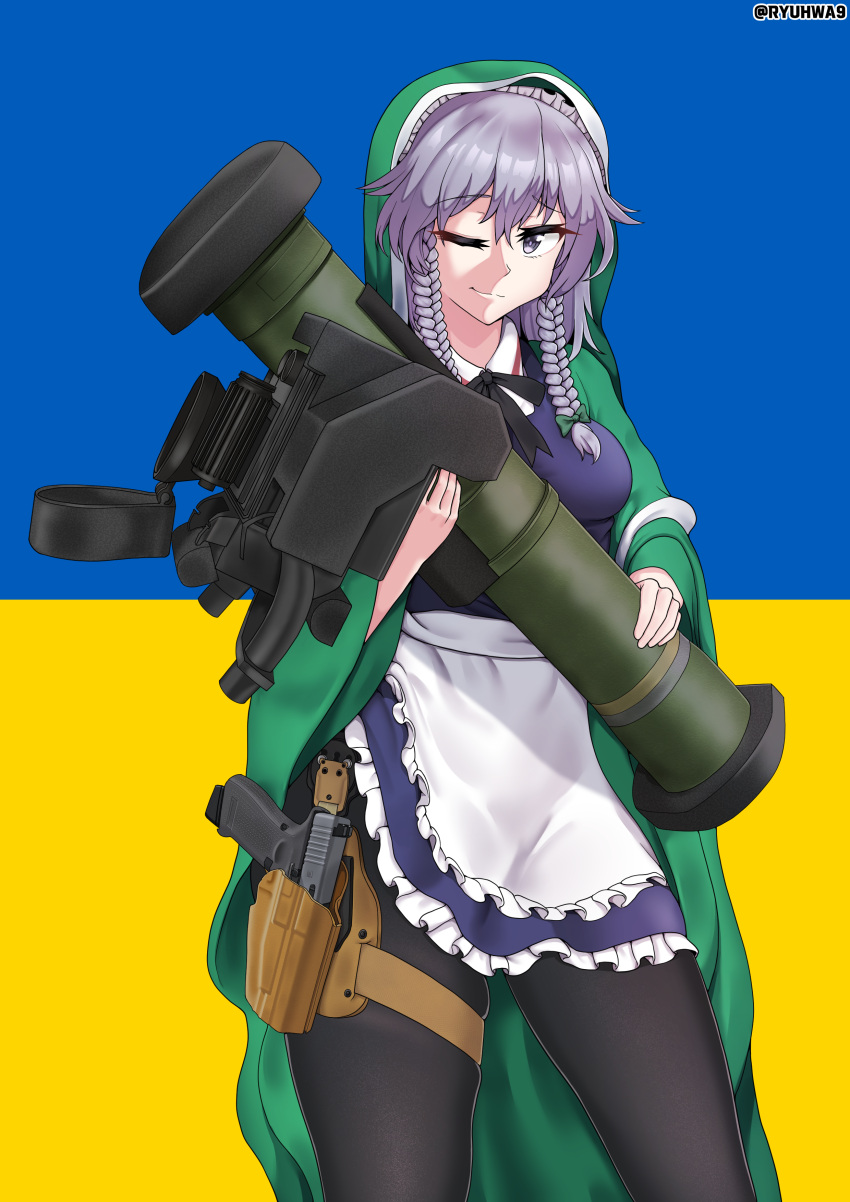 1girl absurdres apron braid breasts cosplay fgm-148_javelin frills green_robe green_shawl grey_hair gun handgun highres holding_rocket_launcher holster izayoi_sakuya looking_at_viewer maid maid_apron medium_breasts one_eye_closed pantyhose pistol rocket_launcher russo-ukrainian_war ryuhwa9 skindentation smile solo st._javelin thigh_holster thighs touhou twin_braids twitter_username ukraine ukrainian_flag virgin_mary virgin_mary_(cosplay) weapon weapon_request white_apron