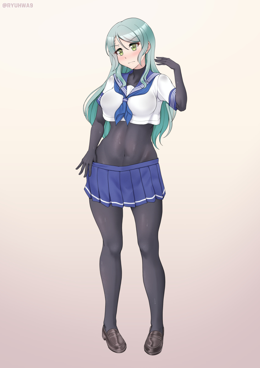 1girl absurdres aqua_hair bang_dream! black_bodysuit blue_sailor_collar blue_skirt blush bodysuit breasts covered_navel fanning_face green_eyes groin highres hikawa_sayo long_hair medium_breasts ryuhwa9 sailor_collar school_uniform serafuku skirt solo sweat thumb_in_beltline white_background