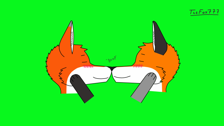 16:9 absurd_res anthro black_nose boop canid canine duo eyes_closed fox fur green_background hi_res leaf(leaf) male male/male mammal nose_boop orange_body orange_fur paw_on_face romantic romantic_couple simple_background smile text thefox777 white_body white_fur widescreen william(thefox777)