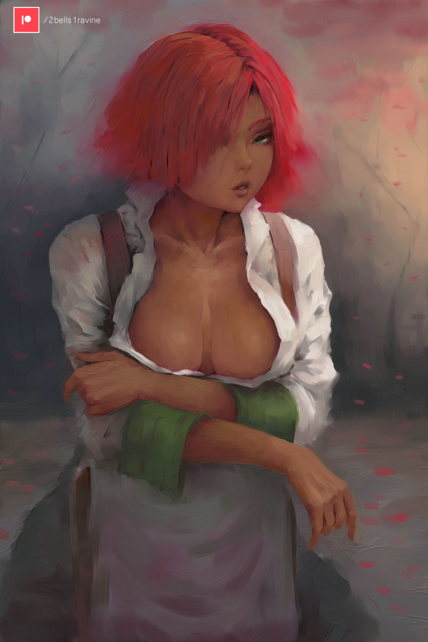 1girl absurdres blue_eyes breasts brown_lips cleavage collarbone dark-skinned_female dark_skin faux_traditional_media giovanna_(guilty_gear) guilty_gear guilty_gear_strive hair_over_one_eye highres large_breasts looking_at_viewer no_bra oil_painting_(medium) painting_(medium) patreon_username plunging_neckline ravine_bells shirt short_hair sitting sleeves_pushed_up solo suspenders traditional_media white_shirt wrist_cuffs