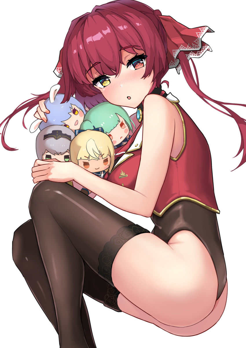 1girl ass breasts brown_leotard character_doll hair_between_eyes highres hololive houshou_marine large_breasts leotard looking_at_viewer lying no_pants on_side oritonagi red_eyes red_hair red_vest shiranui_flare shirogane_noel solo thighhighs twintails uruha_rushia usada_pekora vest virtual_youtuber yellow_eyes