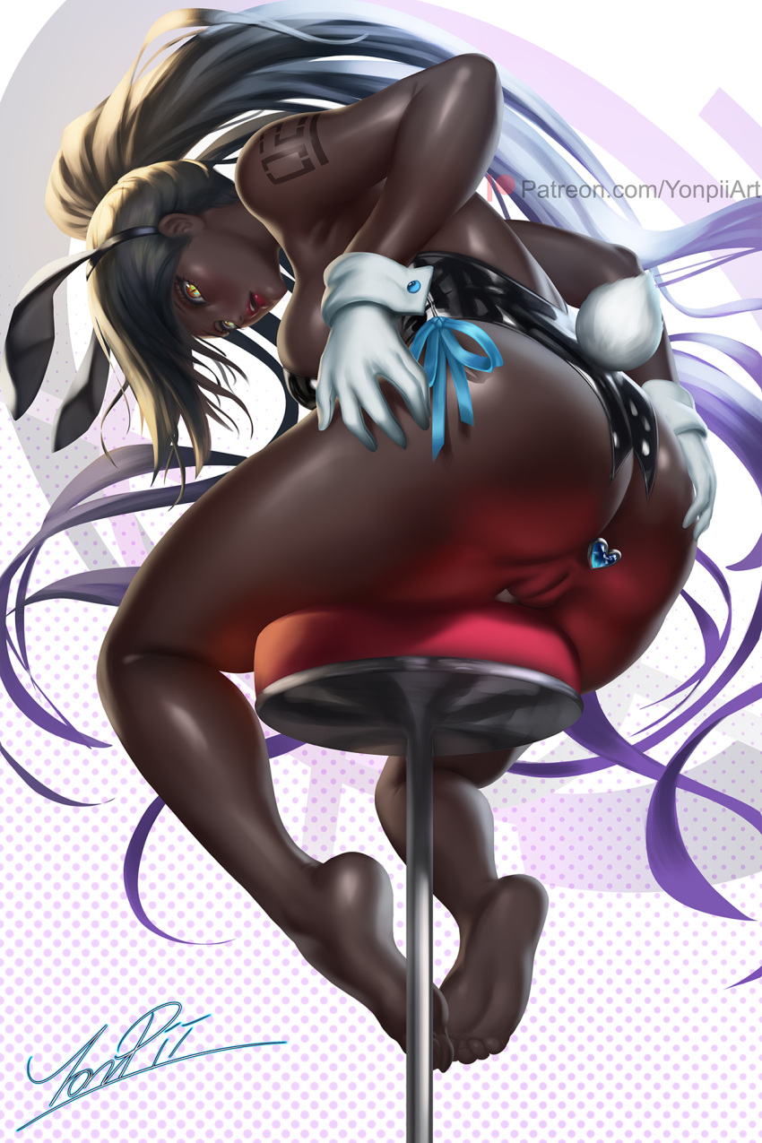 1girl animal_ears ass bangs bare_legs bare_shoulders barefoot black_hair blonde_hair blue_archive breasts butt_plug cum dark-skinned_female dark_skin ejaculation fake_animal_ears fake_tail gloves highres karin_(blue_archive) long_hair looking_down no_shoes panties playboy_bunny ponytail rabbit_ears rabbit_tail sex_toy sitting soles solo tail toes underwear white_gloves yonpii