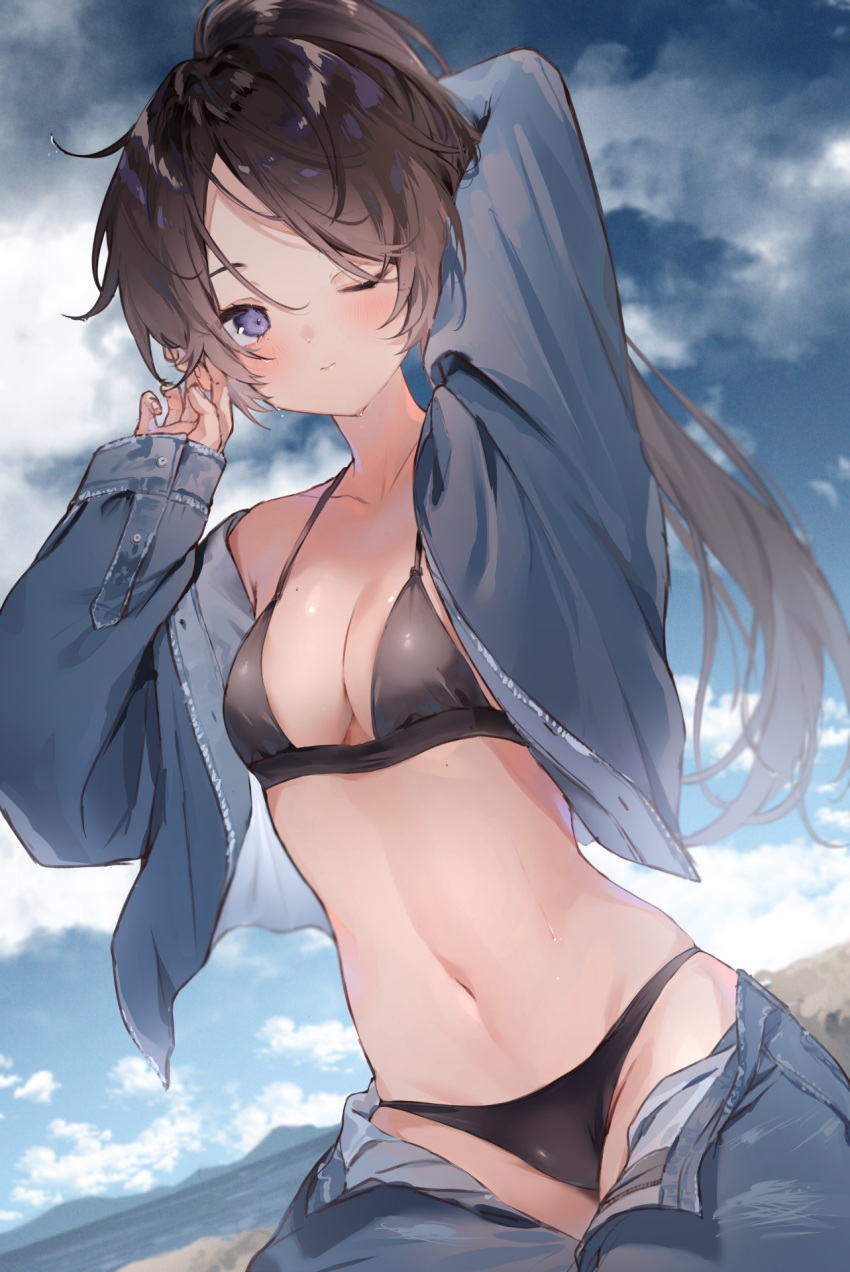 1girl ;) arms_up bangs beach bikini bikini_under_clothes black_bikini blue_jacket blue_pants blue_sky blush breasts brown_hair cleavage closed_mouth collarbone day denim denim_jacket dutch_angle eyebrows_behind_hair harui_(hr_x9_) highres jacket jeans long_hair long_sleeves looking_at_viewer medium_breasts navel off_shoulder one_eye_closed open_clothes open_fly open_jacket original outdoors pants parted_bangs ponytail purple_eyes single_bare_shoulder sitting sky smile stomach swimsuit unzipped very_long_hair
