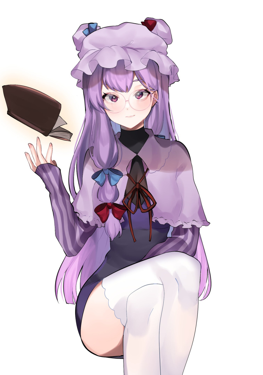 1girl bangs bespectacled book bow crescent crossed_legs dress eyebrows_behind_hair feet_out_of_frame floating floating_book floating_object glasses hand_up hat highres light_smile long_hair long_sleeves looking_at_viewer majime_joe mob_cap patchouli_knowledge purple_eyes purple_hair red_ribbon ribbon round_eyewear simple_background sitting solo striped thighhighs touhou very_long_hair white_background white_legwear
