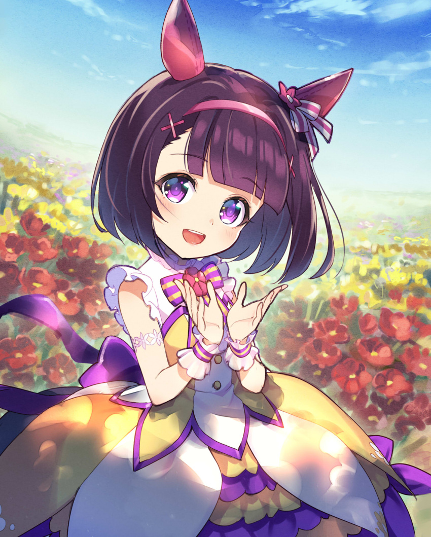 1girl animal_ears back_bow bangs black_hair blue_sky blunt_bangs bow bowtie child commentary_request dress ear_covers eyebrows_visible_through_hair field flower flower_field hair_ornament hair_ribbon hairband highres horse_ears horse_girl horse_tail looking_at_viewer multicolored_clothes multicolored_dress nishino_flower_(umamusume) outdoors pink_hairband purple_eyes ribbon sakino_shingetsu sky sleeveless sleeveless_dress smile solo striped striped_bow tail umamusume wrist_cuffs x_hair_ornament