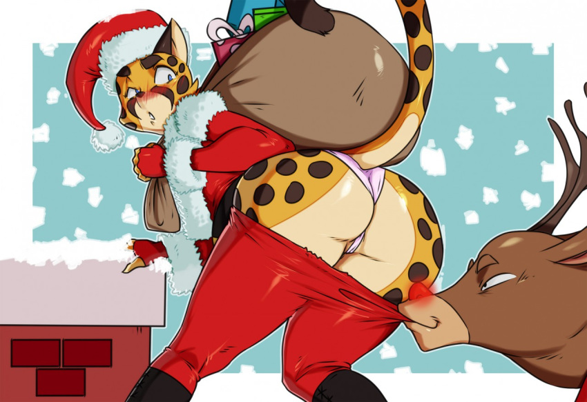 2018 anthro bag blue_eyes blush butt cervine cheetah chimney christmas clothed clothing duo feline female feral fur holidays looking_back mammal mcfli pants_down partially_clothed rear_view red_nose reindeer rudolph_the_red_nosed_reindeer santa_claus smile solo_focus spots underwear undressing wardrobe_malfunction yellow_fur