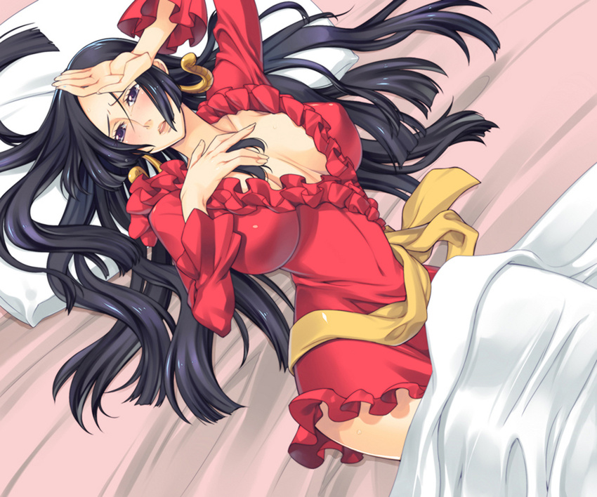 1girl amazon_lily bed bed_sheet boa_hancock breasts cleavage dress earrings female fever highres jewelry long_hair one_piece purple_eyes red_dress sash sheets shichibukai solo
