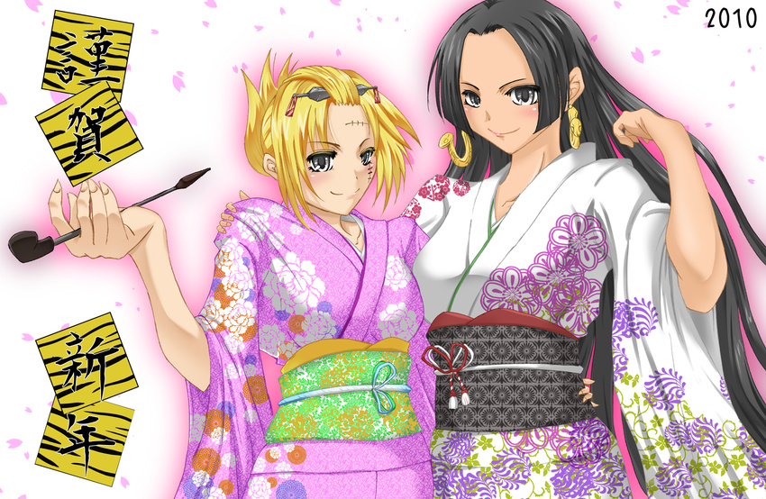 2girls black_hair blonde_hair boa_hancock crossover dated earrings female gintama grey_eyes highres japanese_clothes jewelry kimono long_hair multiple_girls one_piece pipe scar smile smoking_pipe standing stitches tamo_(tamokuteki_kuukan) tsukuyo