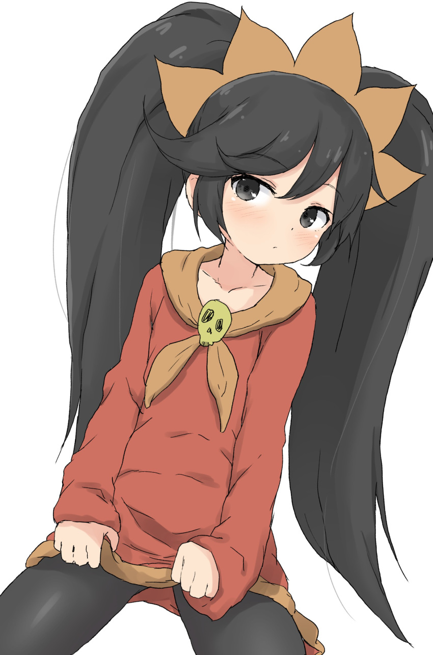 1girl absurdres ashley_(warioware) big_hair black_eyes black_hair commentary_request dress hairband highres long_hair nintendo pantyhose partial_commentary red_dress skirt_hold skull solo twintails very_long_hair warioware white_background yakihebi