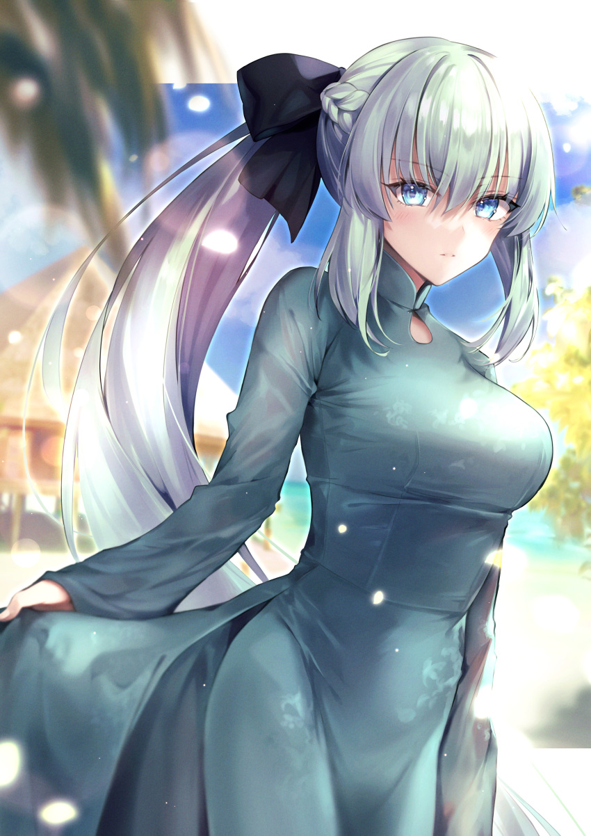 1girl absurdres arm_at_side bangs beach black_ribbon blue_eyes blurry braid breasts cowboy_shot day depth_of_field dutch_angle fate_(series) frown green_hair hair_ribbon hane_yuki highres large_breasts light_particles long_hair long_sleeves looking_at_viewer morgan_le_fay_(fate) palm_leaf pants ponytail ribbon side_slit sidelocks skirt_hold solo stilt_house very_long_hair vietnamese_dress