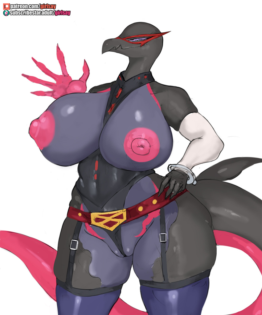 anthro big_breasts breasts female genitals girlsay hand_on_hip hi_res huge_breasts nintendo nipples pok&eacute;mon pok&eacute;mon_(species) pussy pussy_floss salazzle simple_background solo video_games white_background